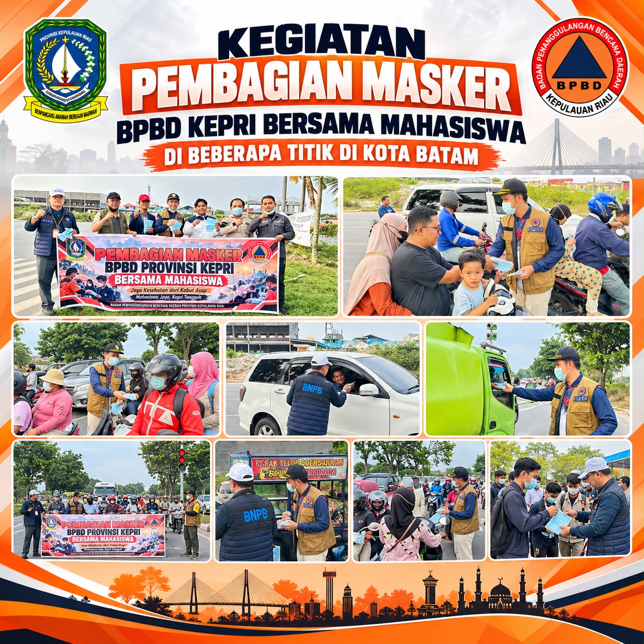BPBD KEPRI BERSAMA MAHASISWA BAGIKAN MASKER KEPADA PENGENDARA DI BATAM